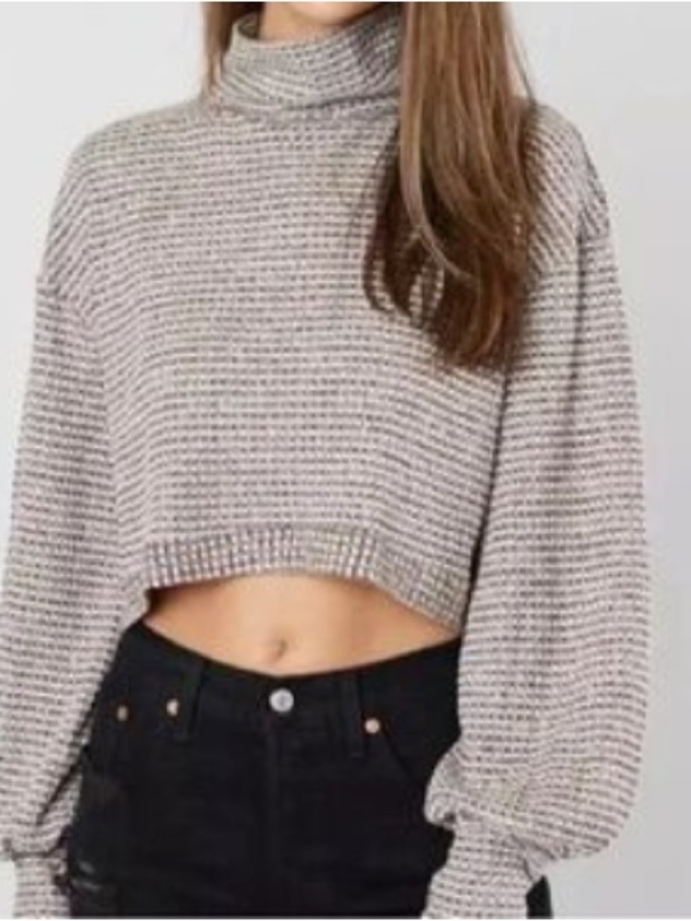 Free People BK Waffle Knit Mock Neck Long Sleeve Crop Top